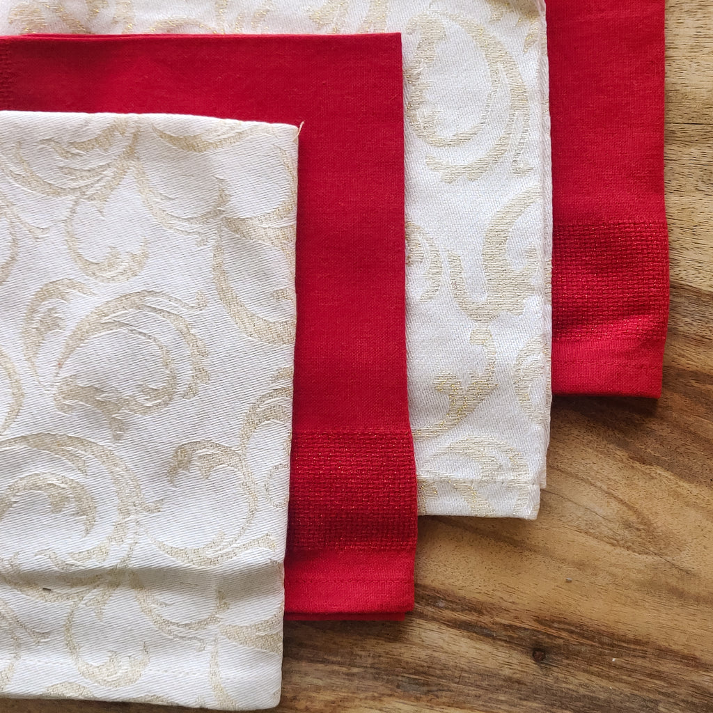 Red white woven cotton napkins set of 4