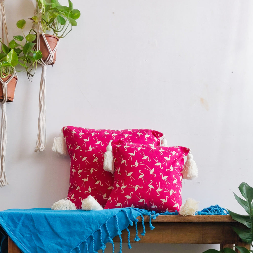 Flamingo print cotton tassel cushion cover